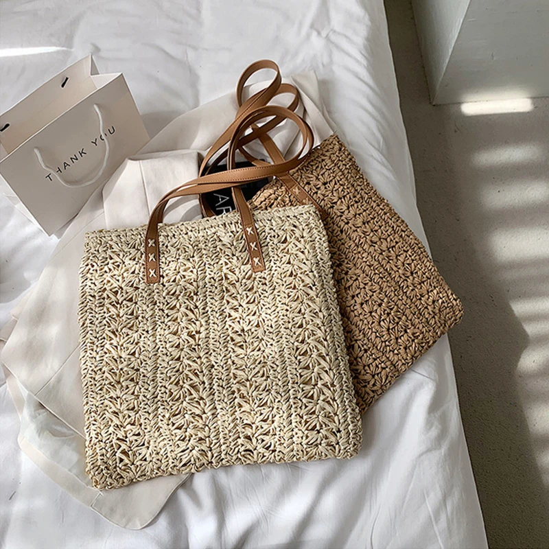 

Environmentally Friendly Beige Beach Tote Bags Summer Large Khaki Woven Shoulder Handbag Women Straw Bag