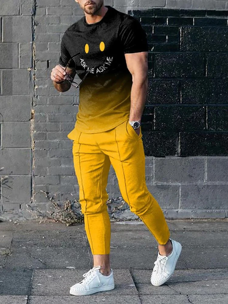 New Arrival Funny Smiley Trousers Tracksuit 2 Piece Sets Short Sleeves T Shirt+long Pants Print Casual Suits Mens Clothes