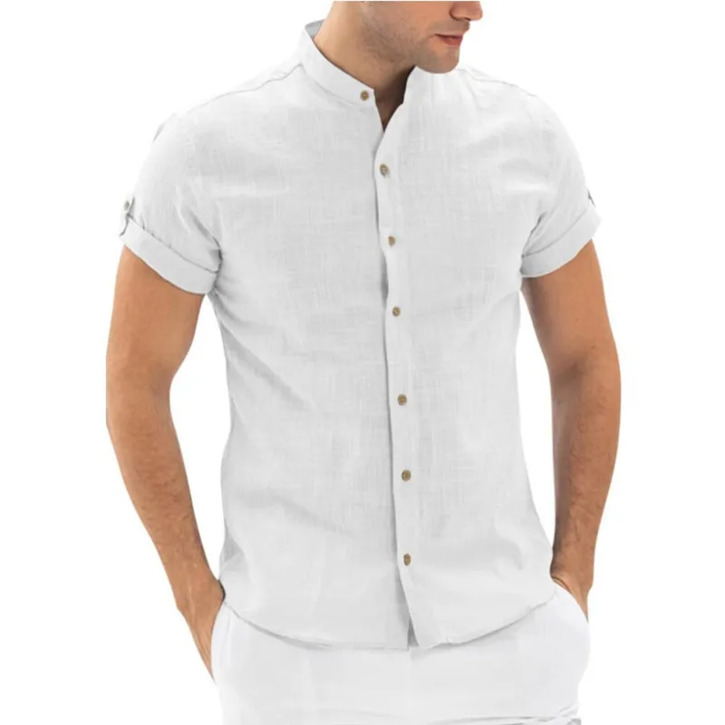 

Summer New Mens Oversized White Light Linen Shirts Trendyol Men Stand Collared Short Sleeve Hawaii Shirt Clothing Chemise Homme