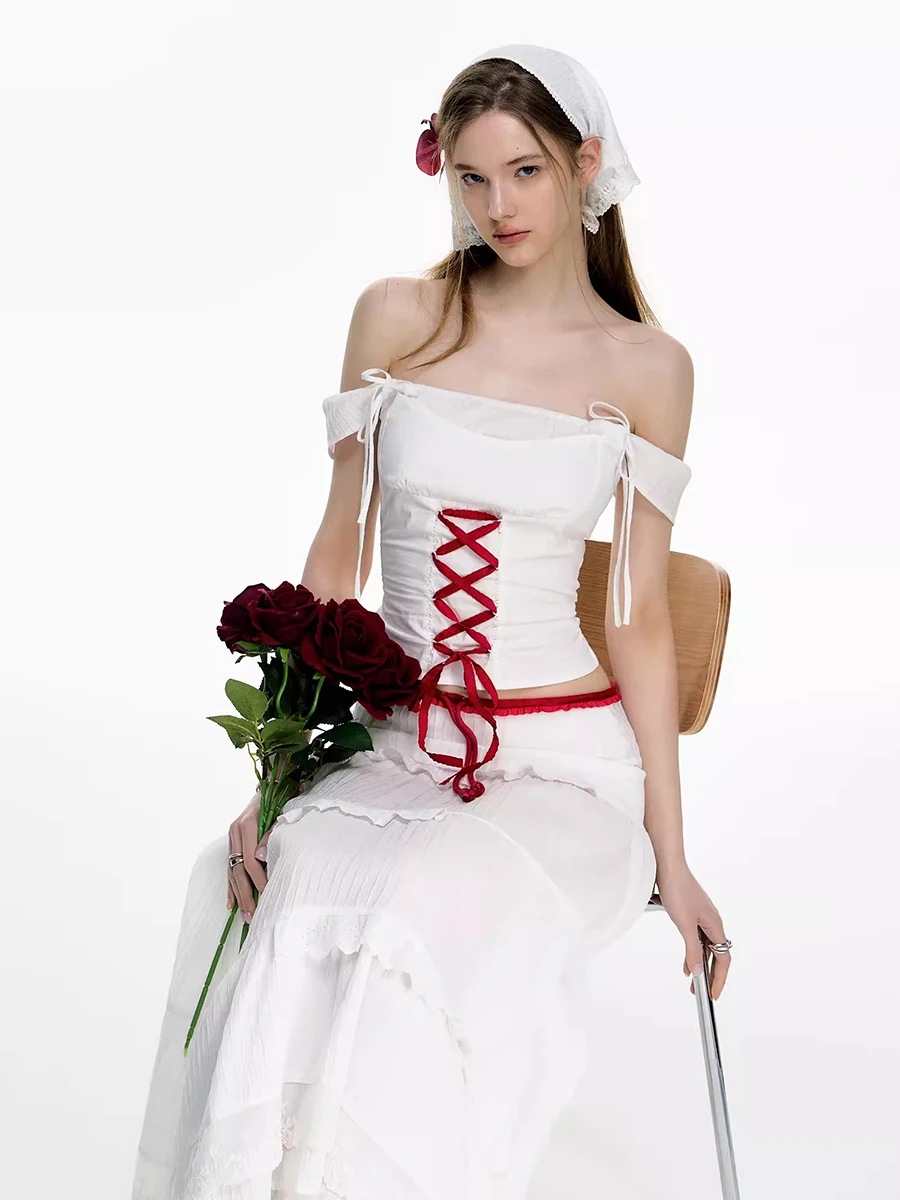 Женский комплект из топа и юбки со шнуровкой в полоску