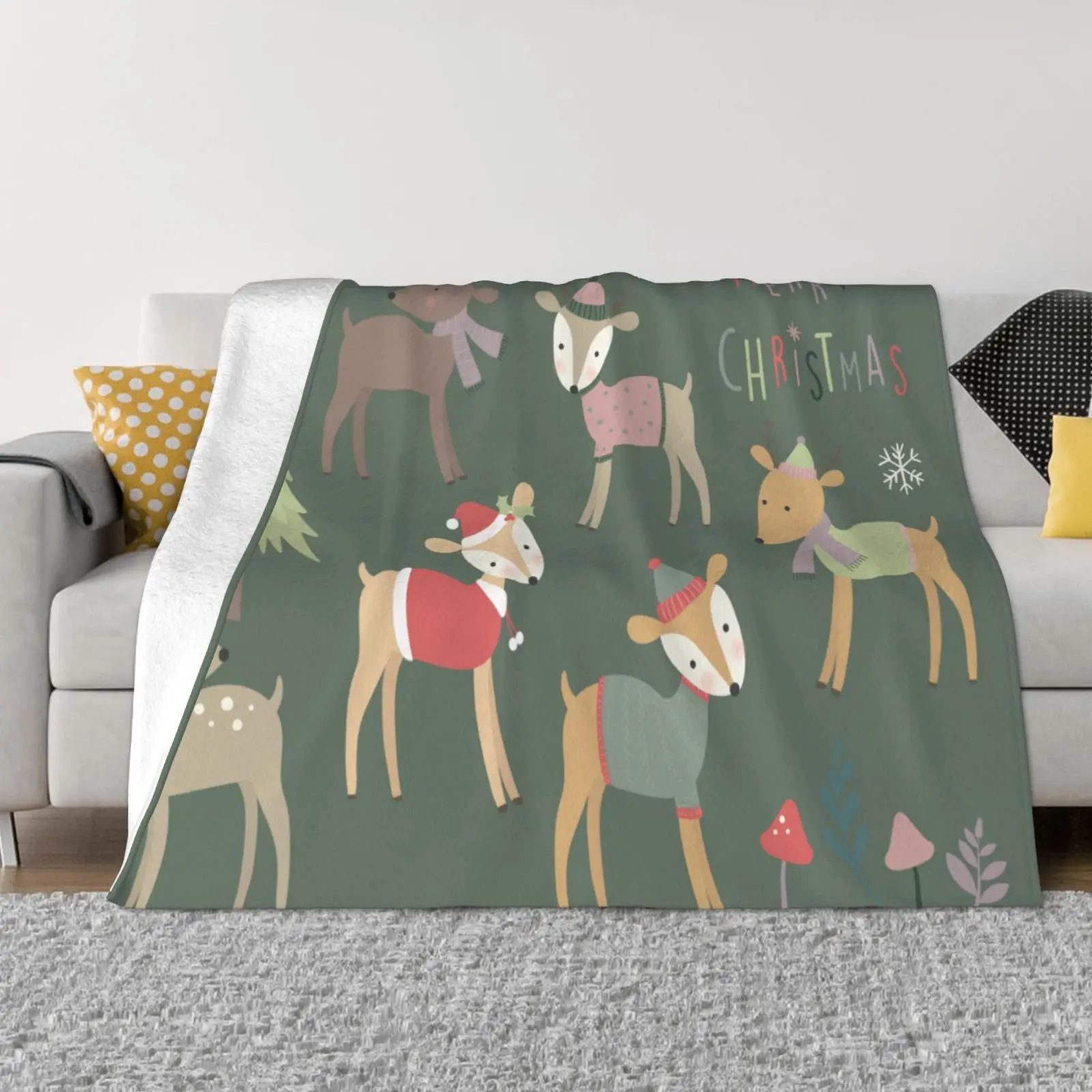 

Picnic Blanket Kawaii Deer Christmas Green Fluffy Throw Blanket Cute Guys Soft Fabric Smooth To Touch Large Size 80x60 Inch