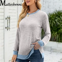 2022 women autumn fashion tunic patchwork tops pocket solid loose round neck long sleeve t shirt street casual vintage pullovers