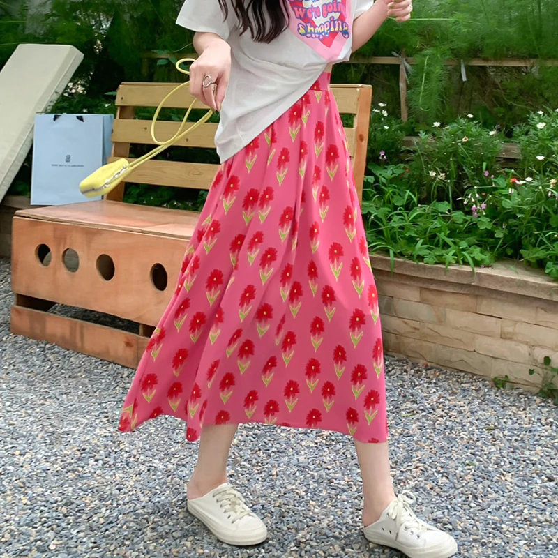

High Waist Drape Floral Chiffon Skirts Womens Summer Chic Faldas Mujer Moda 2022 New Sweet A-line Woman Skirts