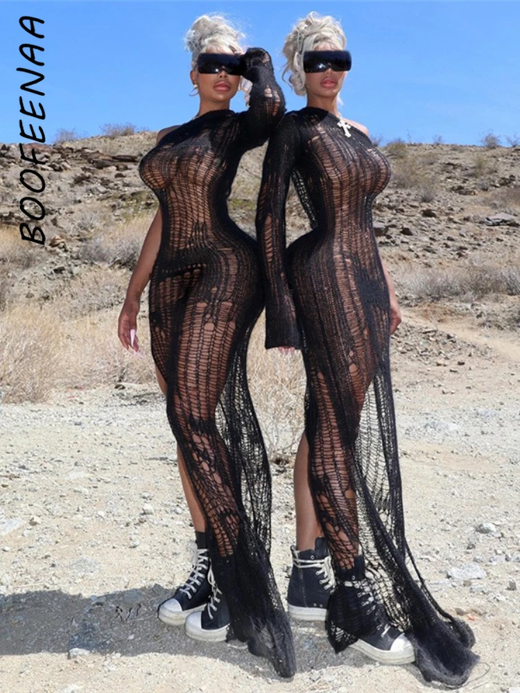 

BOOFEENAA Hollow Out Crochet Knitted Black Dress Sexy Rave Festival Outfits One Shoulder Long Sleeve Maxi Dresses Women C96-DH13