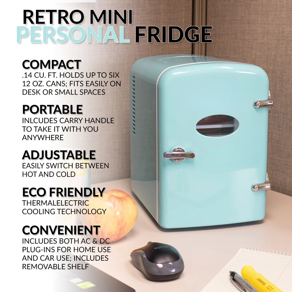 

6-Can Retro Personal Cooling & Heating Refrigerator with Carry Handle, Aqua