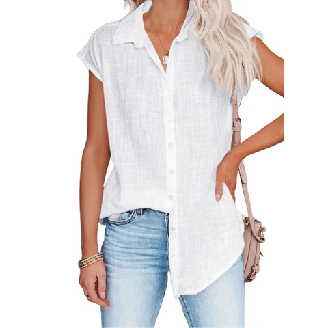 Leisure Cotton Linen White Shirts Button Lapel Cardigan Top Lady Loose Short Sleeve Shirt Womens Blouses Summer Blusas Mujer