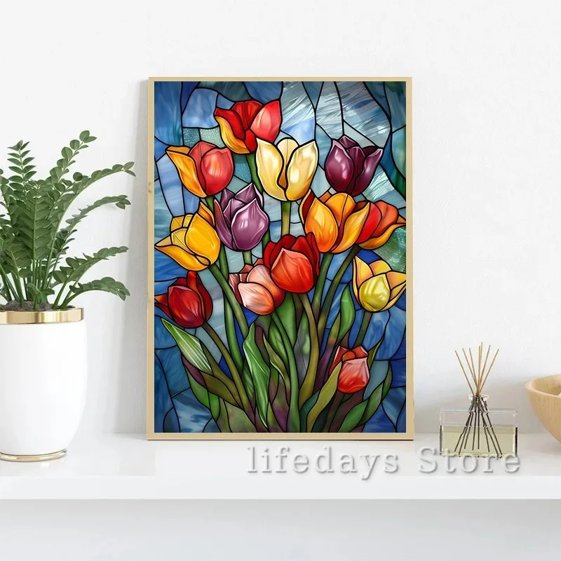 Цветочный витраж тюльпан Сакура подснежники подсолнечник роза плакат печать на