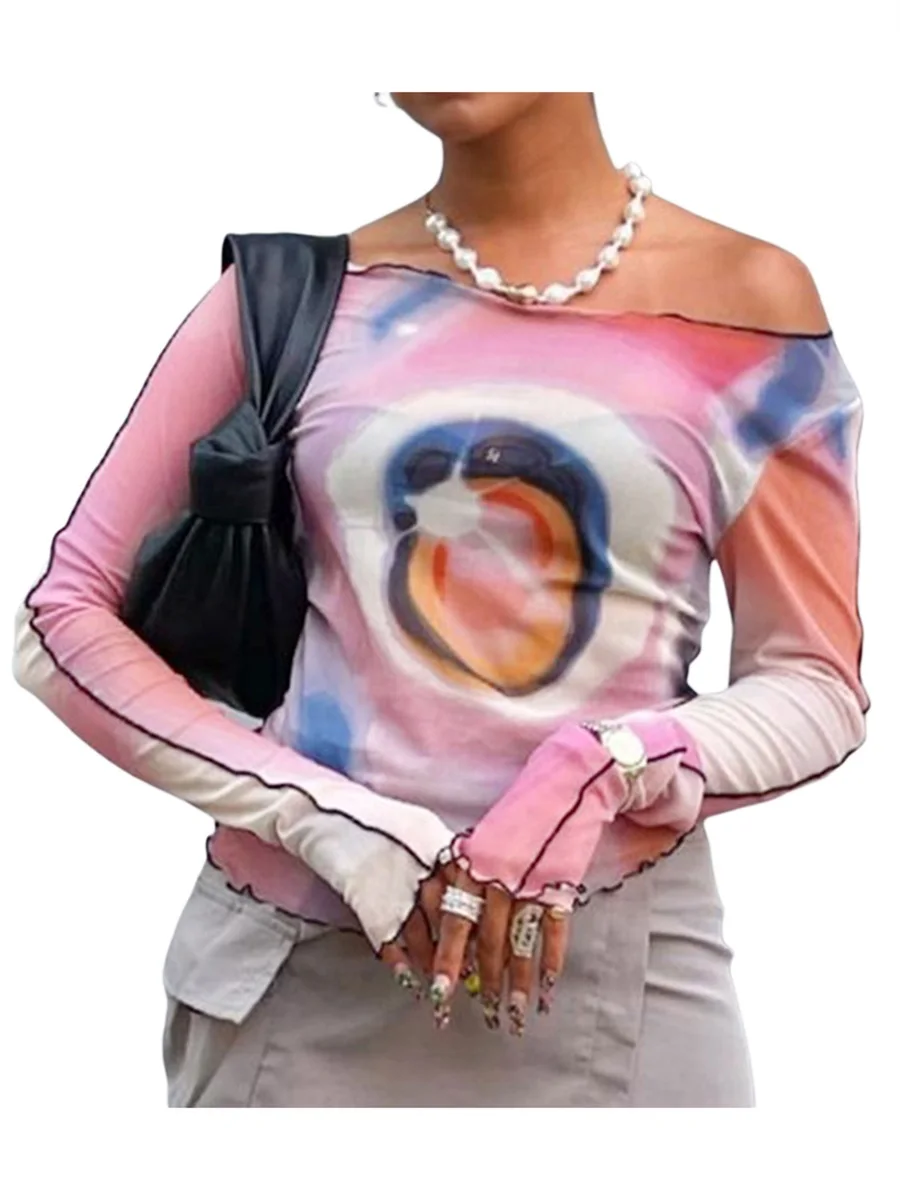 

Women s Long Sleeve Cropped Top Long Sleeve Boat Neck Casual Fit Slim Tie Dye Contrast Ruffles Spring and Fall Streetwear