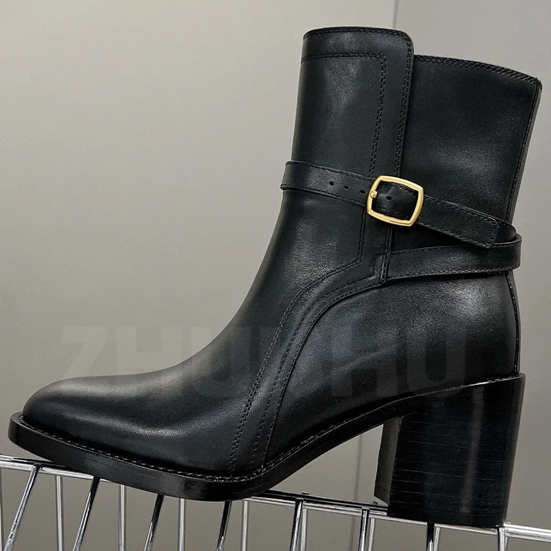 

Ботильоны женские из натуральной кожи, однотонные короткие сапоги с круглым носком, на ремешке с застежкой, универсальная женская обувь, весна-осень