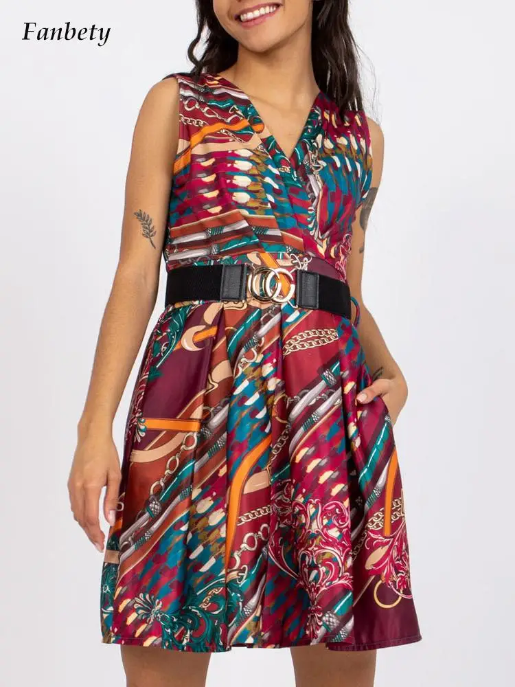 

Женское винтажное платье с принтом, элегантное пляжное платье без рукавов с V-образным вырезом, модное свободное повседневное праздничное п...