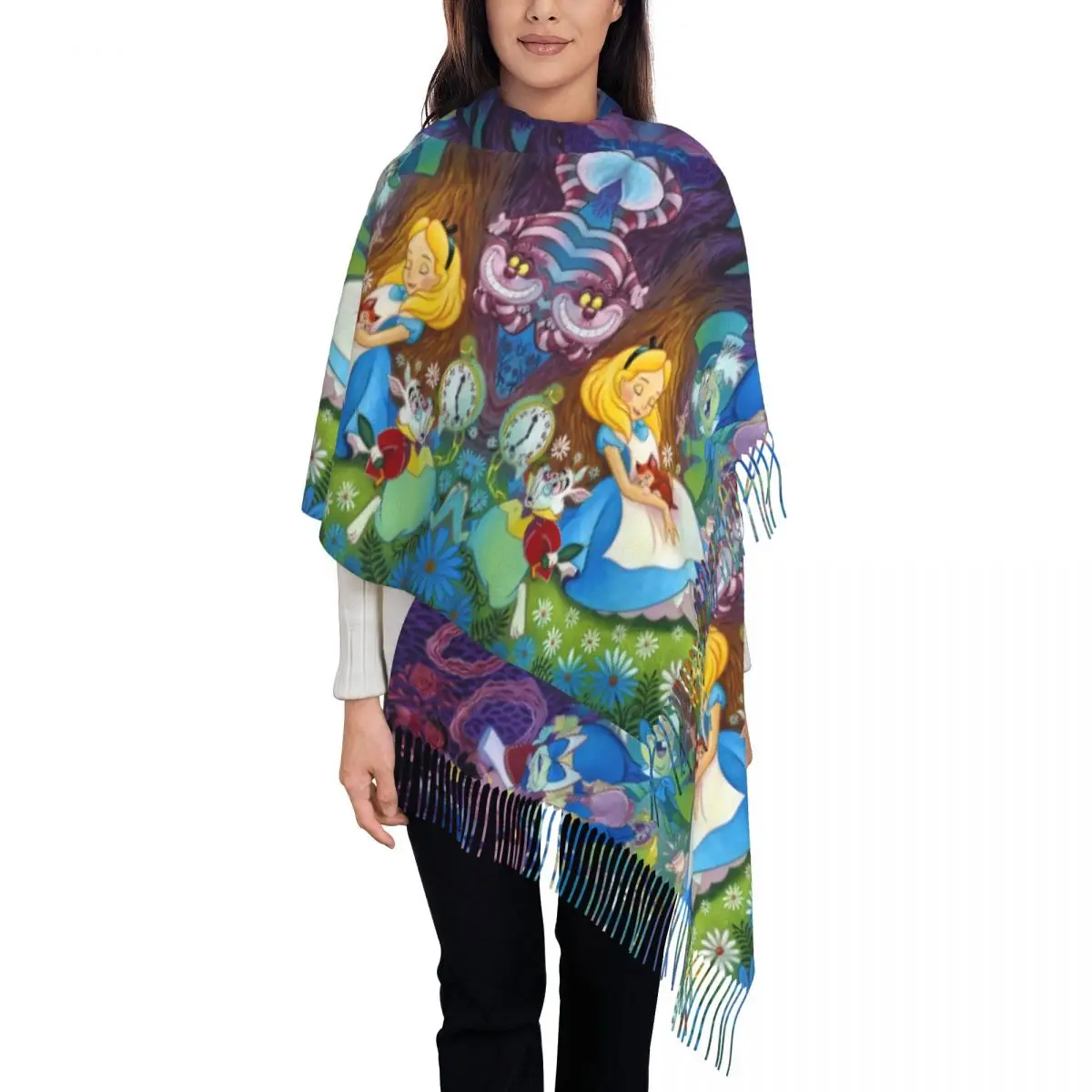 Женские шарфы с большим чеширским котом на заказ рисунком Алисы в стране чудес