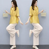 fashion cotton and linen suit womens 2022 spring and summer new thin wide leg set white shirt two piece elastic waist vintage