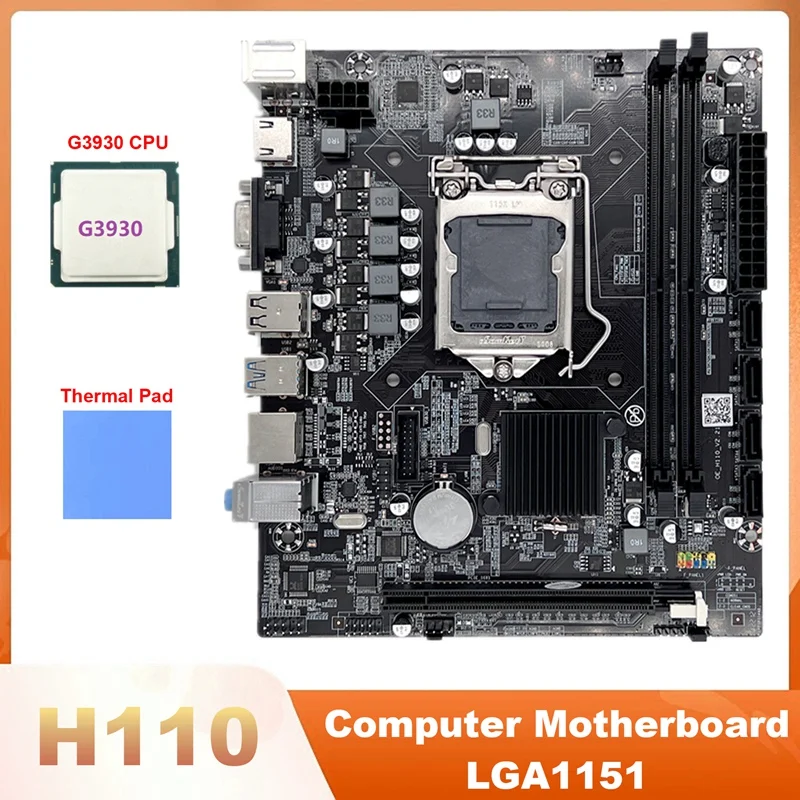 H110 Computer Motherboard LGA1151 Supports Celeron G3900 G3930 CPU Supports DDR4 Memory With G3930 CPU+Thermal Pad