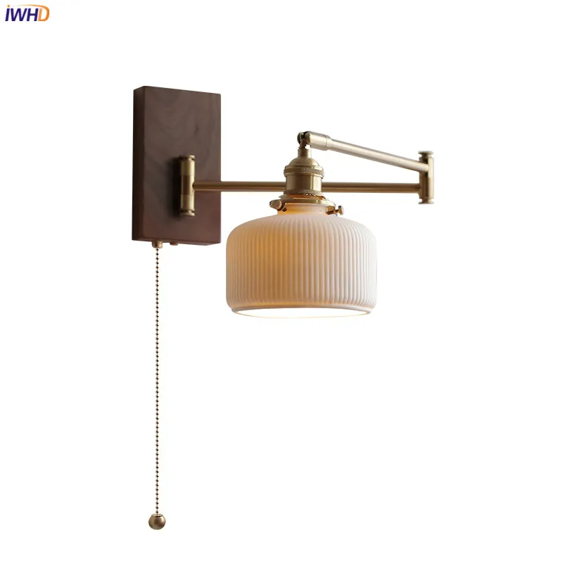 IWHD Pull Chain Switch LED Wall Lamp Beside Bedroom Living Room Light Arm Left Right Totate Wood Canopy Applique Murale Sconce