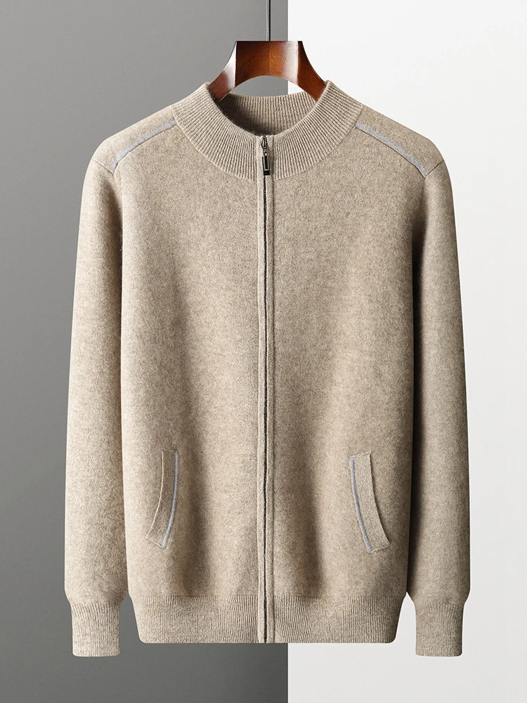 Мужской 100% кашемировый свитер на молнии кардиган с воротником-стойкой и длинным