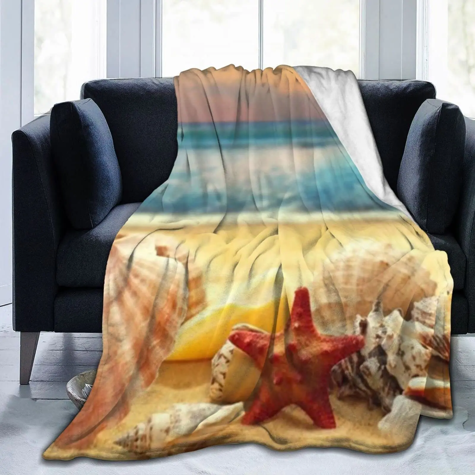 

Blanket for Adult Teens Starfish Seashell Sandy Beach Fuzzy Flannel Throw Blanket for Couch/Bed Cozy Super Warm Soft Microfiber