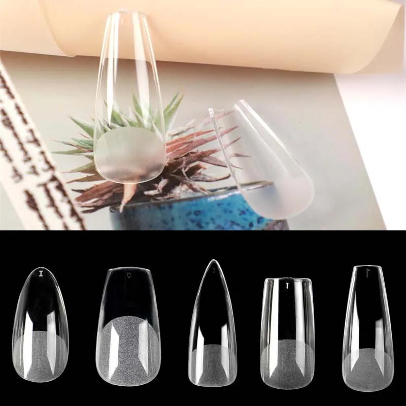 

Semi-frosted Soft Gel X Nails Extension Tips System Full Cover Sculpted Stiletto Press On Nails Artificial Almond False Nails