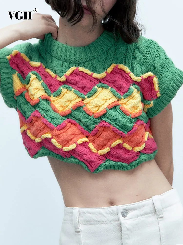 

VGH Vintage Colorblock Knitting Sweaters For Women Round Neck Sleeveless Loose pullover Sweater Female Fashion Clothing New 2023