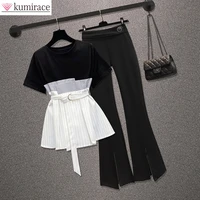 summer 2022 new korean casual elegant womens pants set short sleeve contrast color t shirt wide leg trousers two piece set