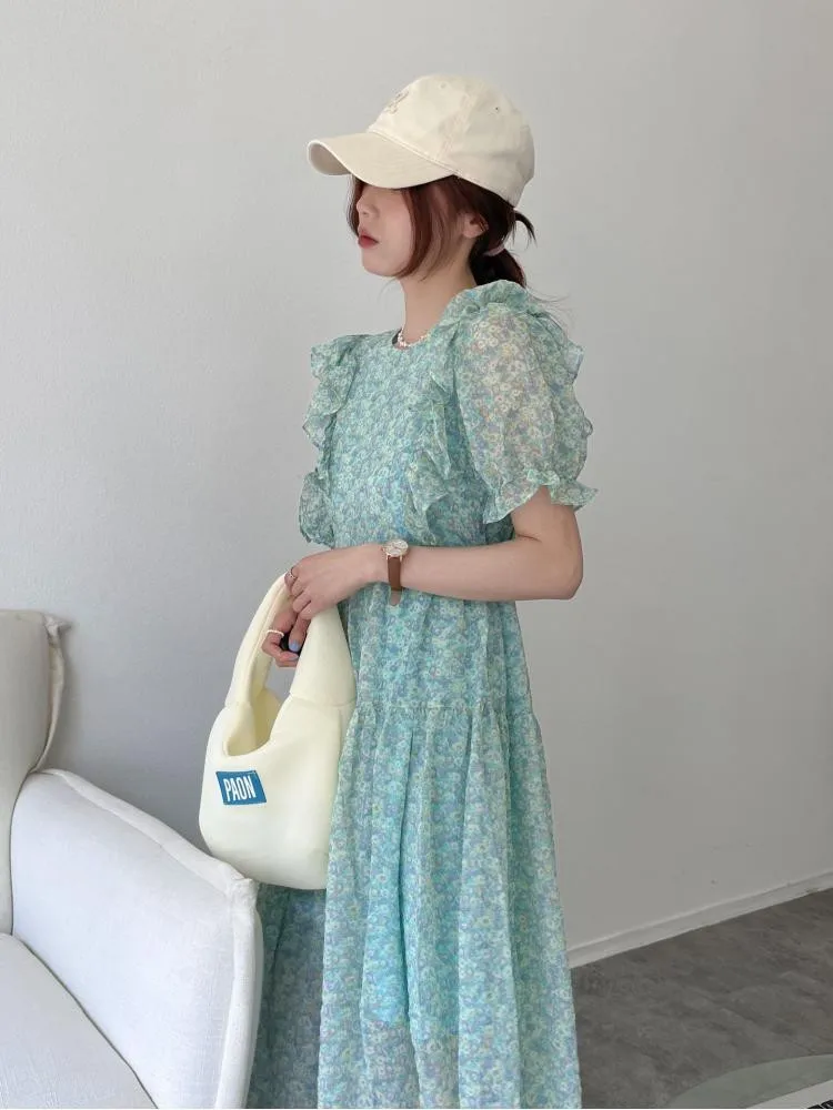 

Женское шифоновое платье с оборками, свободное светло-голубое длинное платье с цветочным принтом, круглым вырезом и короткими рукавами, мод...