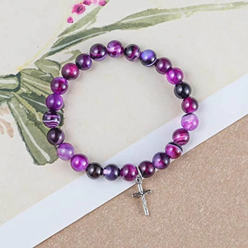 

Catholic Church Crucifix Pendant Beaded Bracelet Jesus Prayer Crystal Natural Stone Beads Chain Religious Jewelry