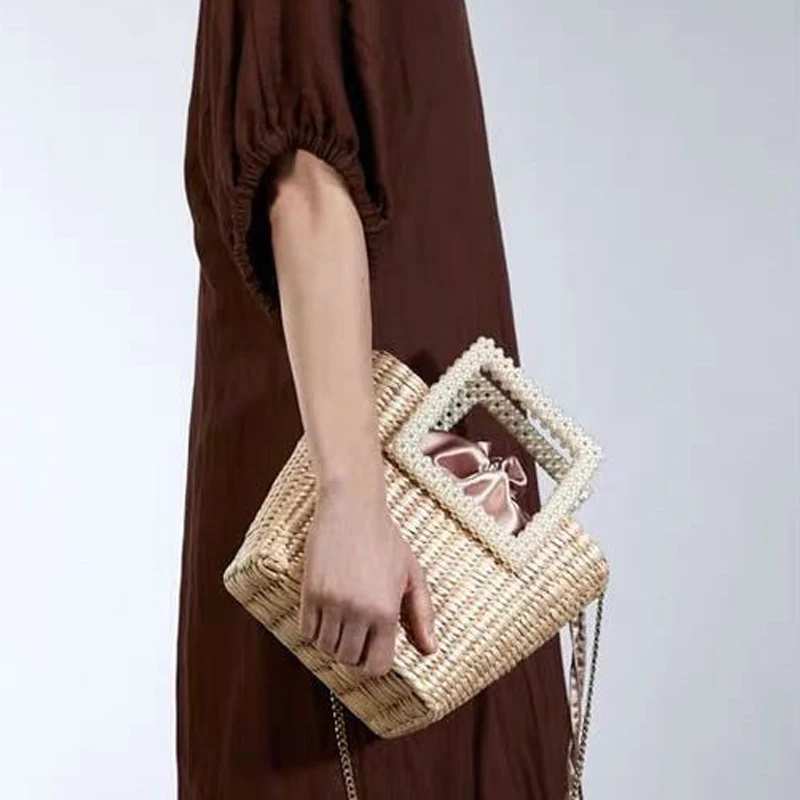 New Bohemian Bag Pearl Fashion Straw Bag Hand-Woven Shoulder Bag Handbag Women Straw Basket Tote Purses Crossbody Messenger Bag