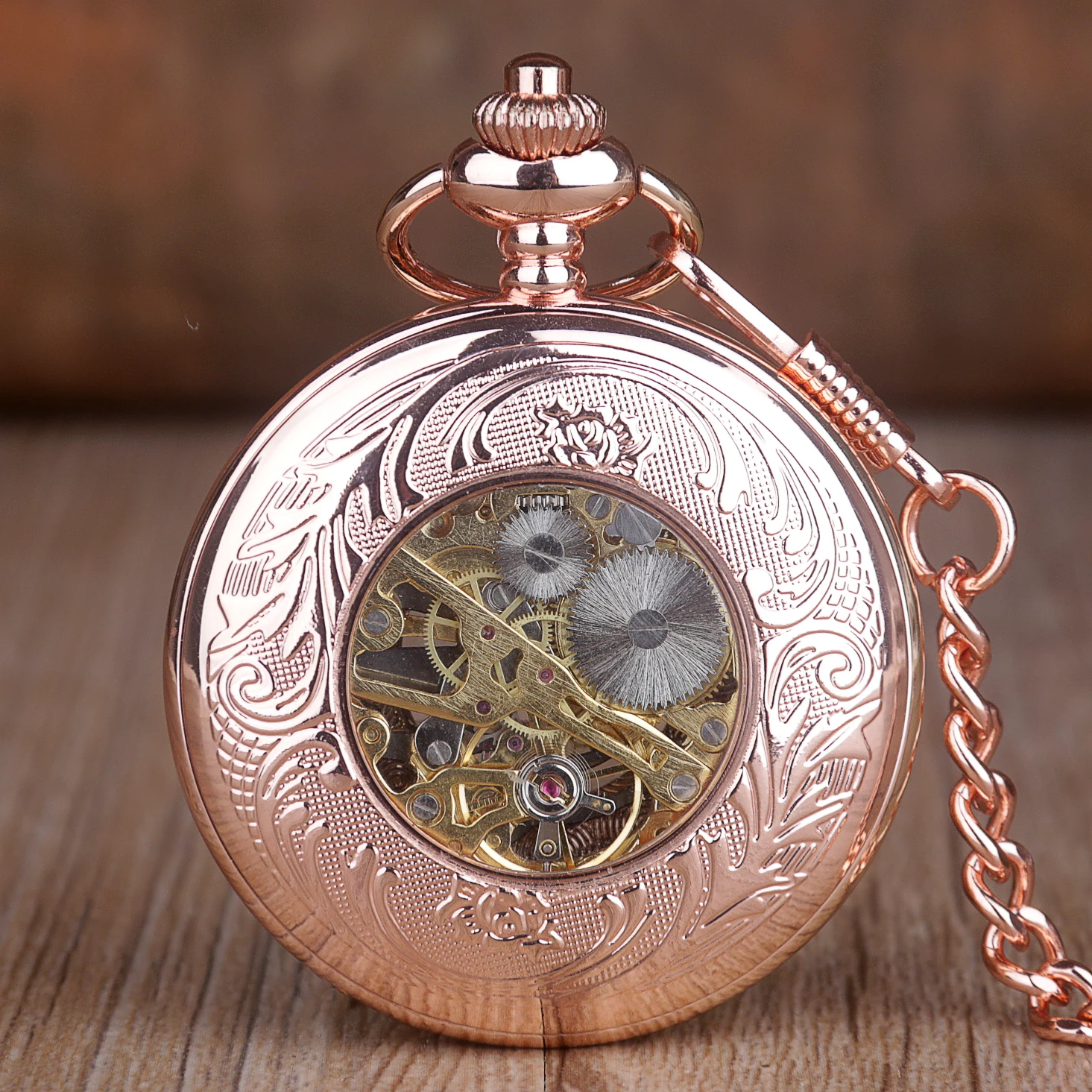 Vintage Premium Rose Gold Roman Numeral Display Mechanical Pocket Watch Ladies Pendant Clock Strap Chain Gift