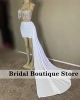 sexy white short prom dress 2022 velvet halter beads rhinestone illusion lace birthday party gown robe de bal