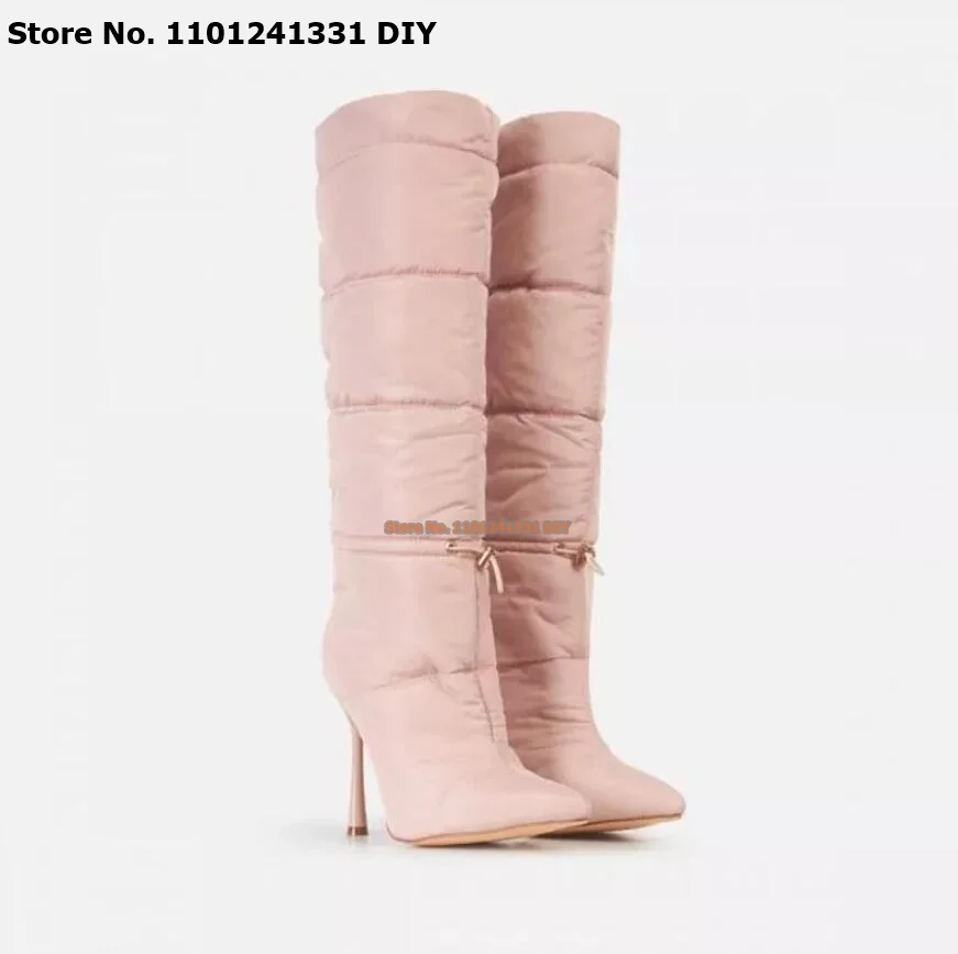 Pointed Toe Pink Color Thin High Heel Women Long Boots Winter Slip On Knee High Snow Boots Ladies Pants Style Long Boots