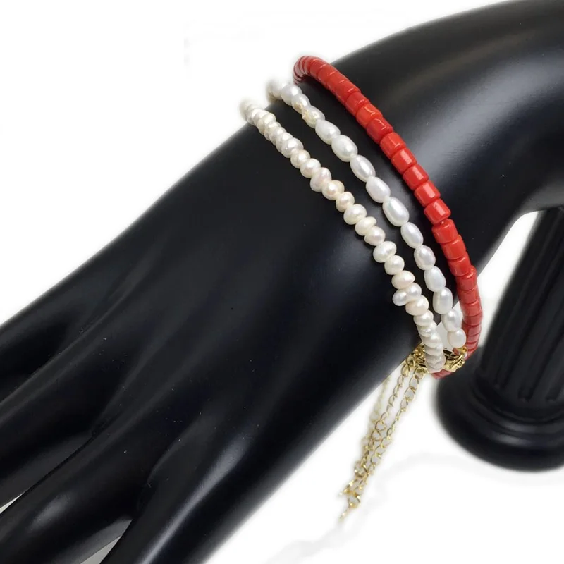 Fashion simple Natural Freshwater Pearl red coral Bracelets 3-5mm Adjustable lobster clasp Baroque pearl for women gift