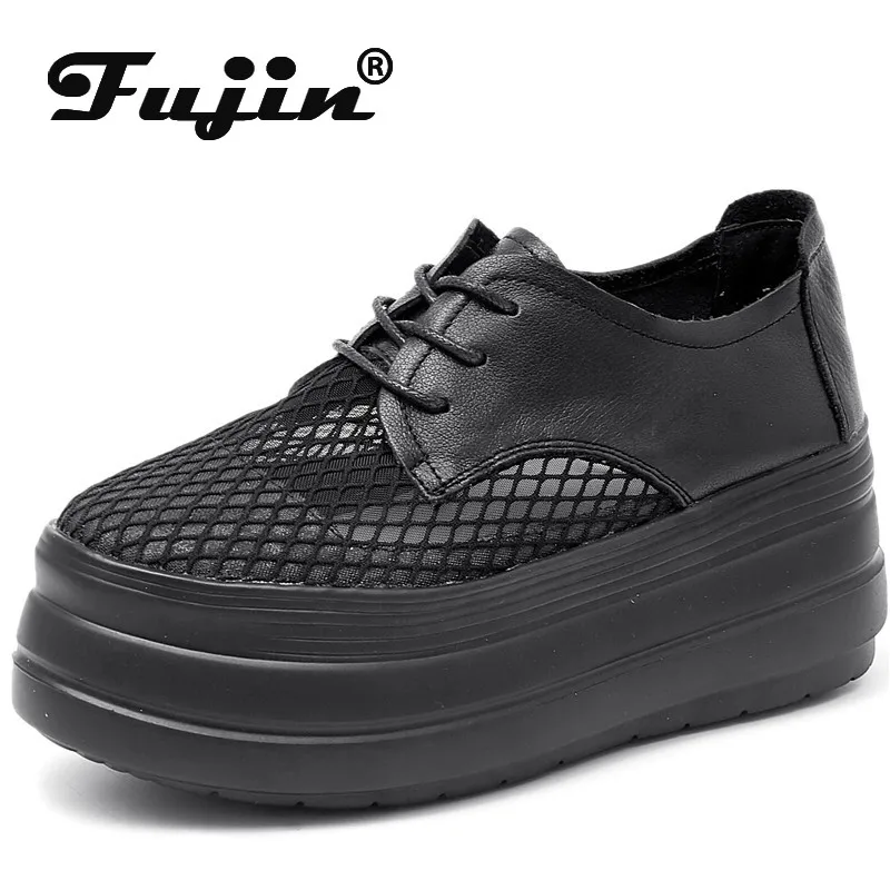 

fujin 7.5cm genuine leather women summer shoes hollow air mesh breathable sandals shoes platform sneakers fashion zapatos mujer