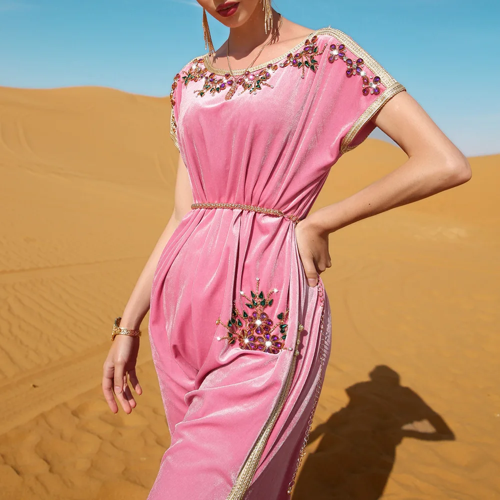 Pink Velvet Hand Sewn Diamond Dress Travel New Long Dress Muslim Robe Abaya Islamic Robe Party FashionDress Party Festive Dress