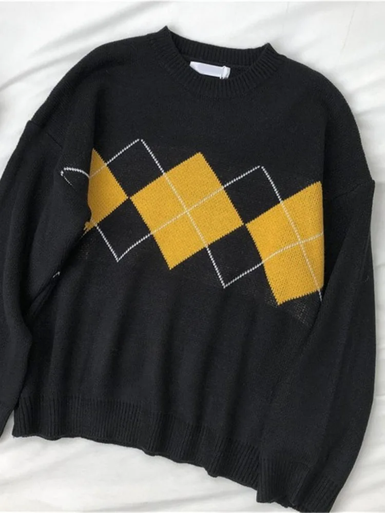 Вязаные свитера женские пуловеры оверсайз зимний свитер с узором ромбиками топы