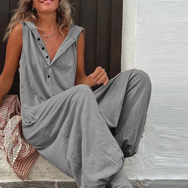 

Women Button Rompers Vintage Summer Casual Solid Sleeveless Cross-pants Wide Leg Playsuit Ladies Harajuku Loose Hooded Jumpsuits