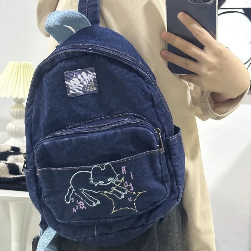 Y2K Korean Aesthetic Cartoon Denim Kawaii Book Bag Backpack Student Bags Schoolbag Kids Travel Girls Ladies Backpacks For Women