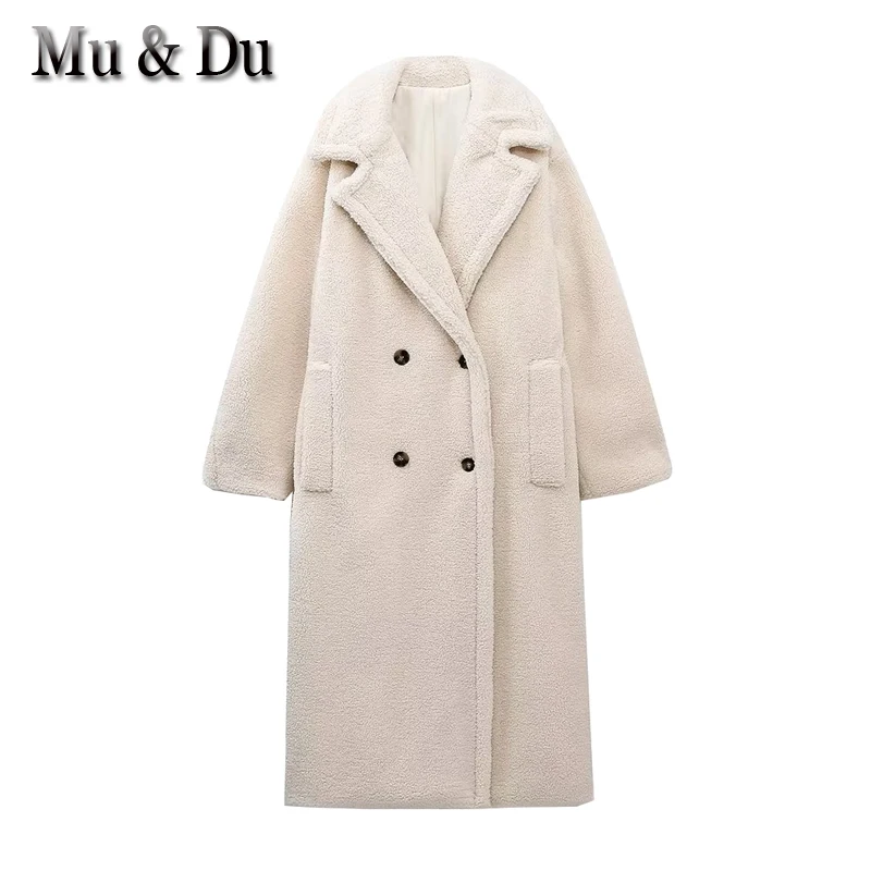 

Mu&Du 2023 Winter Woman Faux Fur Jackets Lapels Long Lambswool Coats Thick Warm Oversized Double-breasted Furry Outwear Mujer