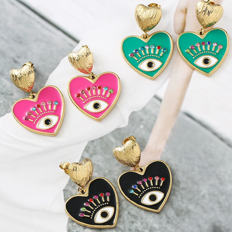 

Turkish Evil Eye Earrings Boho Heart Earring 14k Gold Plated Stainless Steel Earrings for Women Designer Bohemian Jewelry Trend