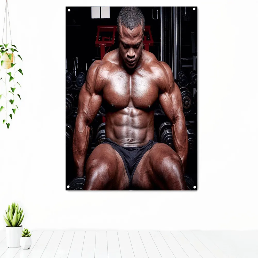 

Man Muscular Body Inspirational Poster Gym Decor Exercise Banner Wall Art Canvas Painting Tapestry 4 Grommets Wall Stickers Flag