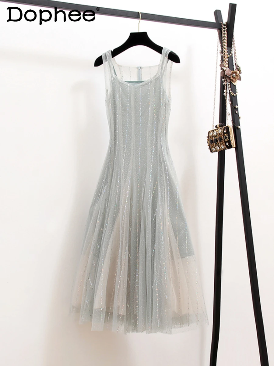 

Mesh Chiffon Dress for Women Summer 2022 New French Retro Elegant Sleeveless Suspender Dress Mid-Length Fairy Evening Robe Dress