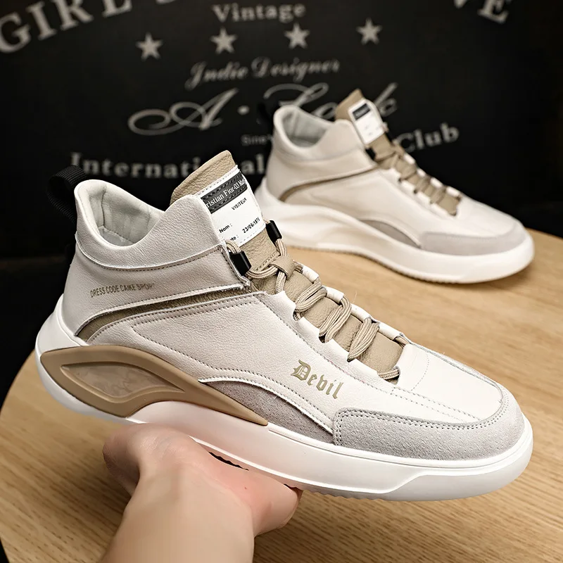 

Men Genuine Leather Casual Shoes New High End Youth Lace-up High Tops Luxury Flat Skateboard Shoes Fashion Sneakers Winter Boots