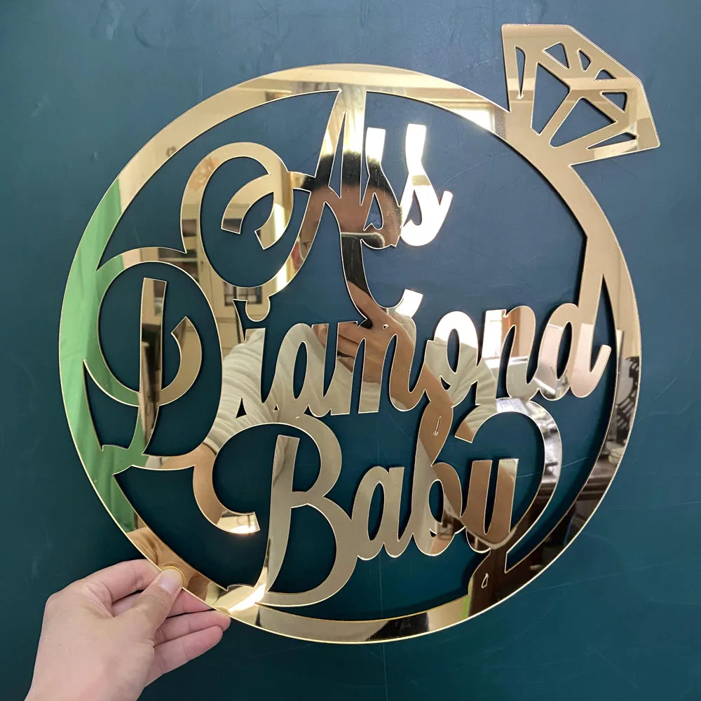 

Custom Baby Name Sign Wedding or Engagement Couples Diamond Ring Sign Laser Cut Diamond Ring Mirror Rose Gold Silver Wood