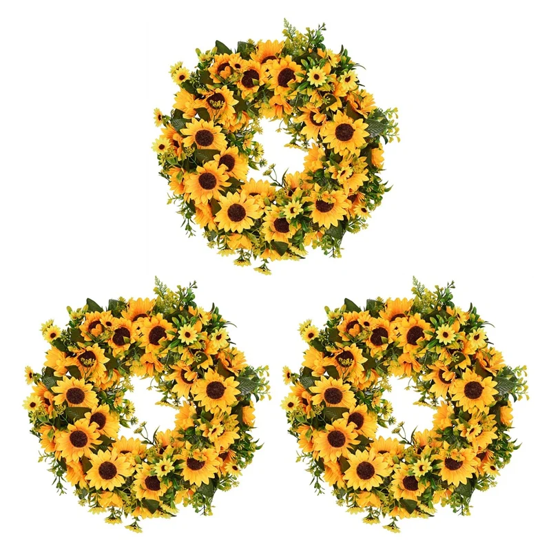 

3X Artificial Sunflower Summer Wreath-16 Inch Decorative Fake Flower Wreath With Yellow Sunflower And Green Leaves