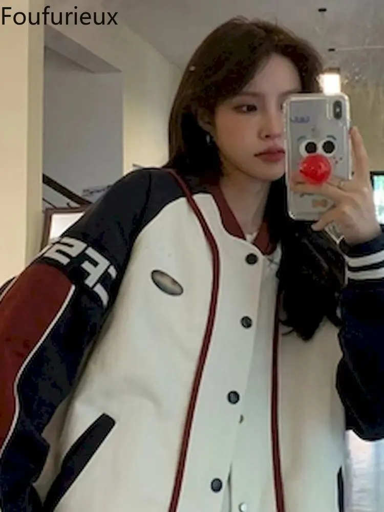

Foufurieux American-style Contrast Color Stitching Baseball Uniform Men's and Women's Summer Vintage Couple Tooling Jacket Y2k