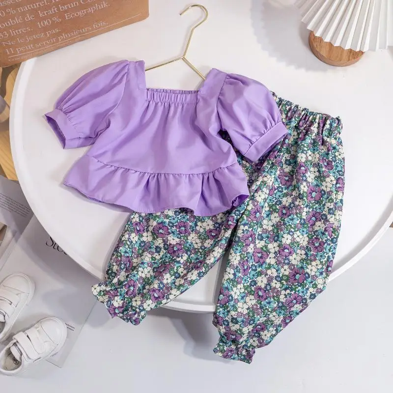 

Korean Girl Clothes Summer Clothing Set Baby Short Sleeves Blouse + Print Pants Outfit Children Birthday Clothes Suits
