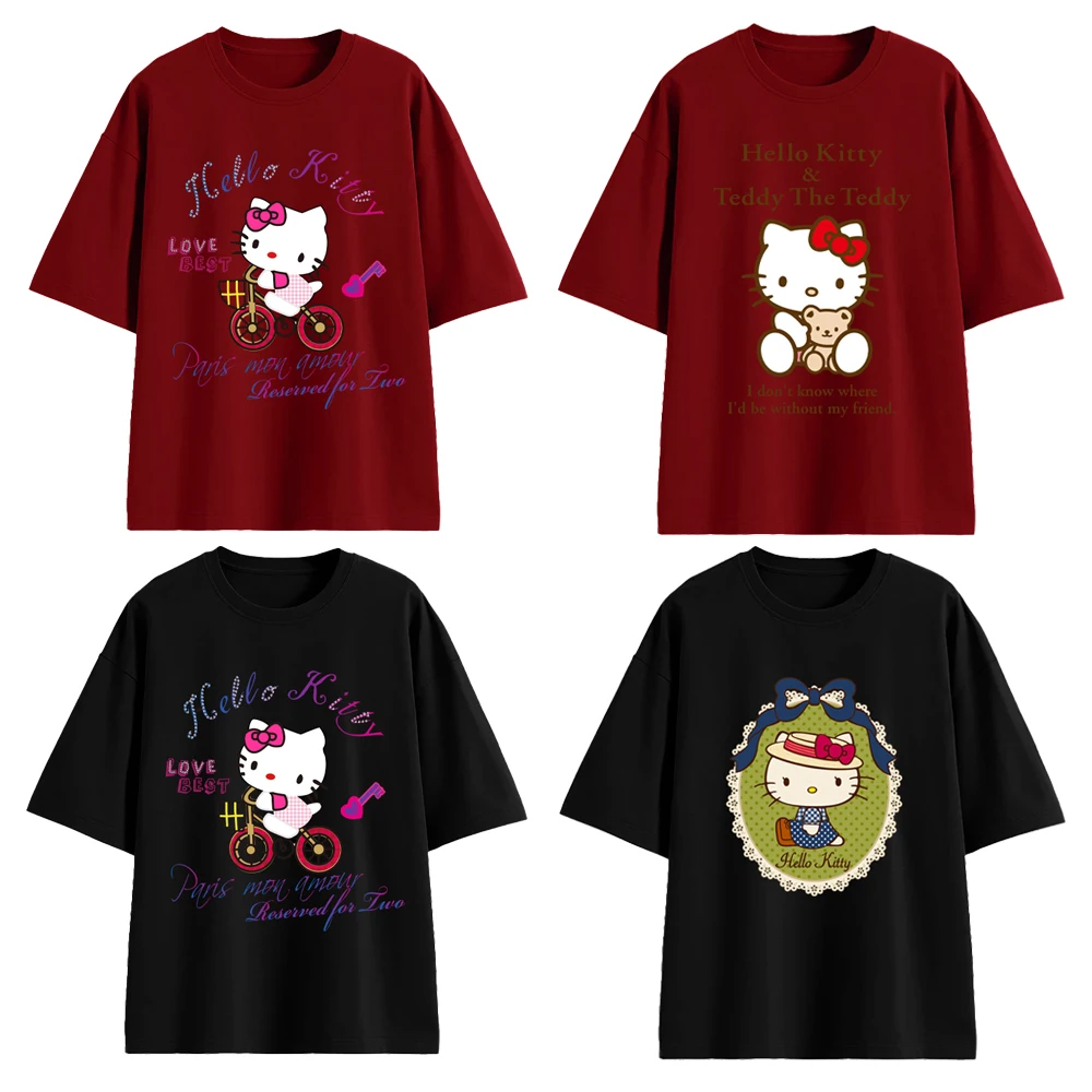 

Sanrios Hellokittys детская футболка 100% Чистый хлопок Аниме фигурки кавайные Высокое качество короткий рукав подарок на день рождения 200 г