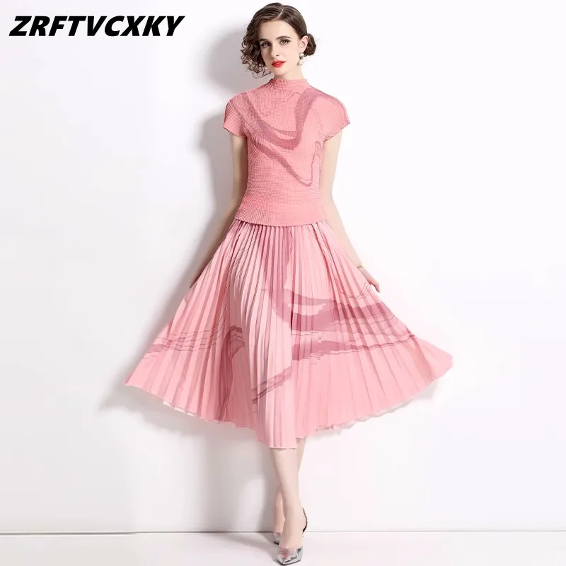 

Женский костюм из двух предметов, модельный эластичный пуловер и шикарная плиссированная юбка А-силуэта, женский летний повседневный костюм