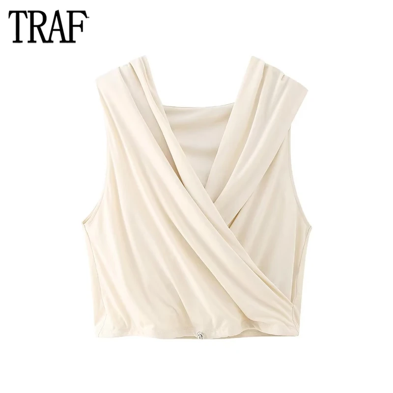

TRAF Beige Crop Top Female Pleated Hooded Shirt Women Sleeveless Casual Shirts and Blouses for Woman Spring Streetwear Top Women