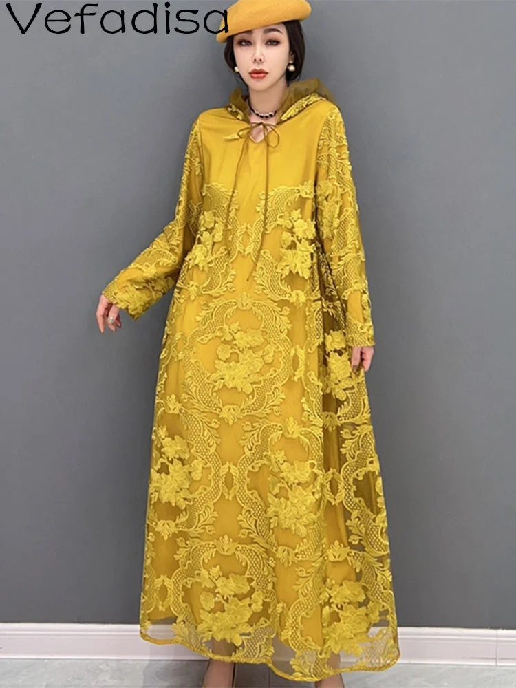 

efadisa V2023 Spring Autumn Hooded Pullover Dress Loose Mid-length Embroidery Mesh Splicing Printing Dress Yellow Women LHX3267