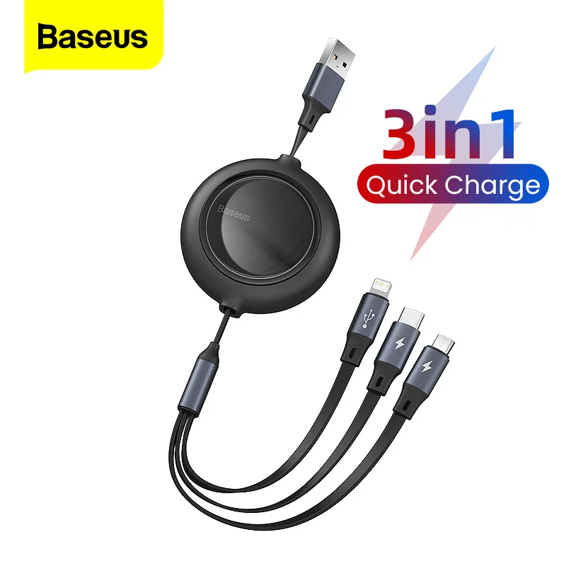 

Baseus 3 in 1 USB Cable Fast Charging for iPhone 12 Micro USB Type C USBC for Samsung Huawei Xiaomi 3in1 Retractable Date Cord
