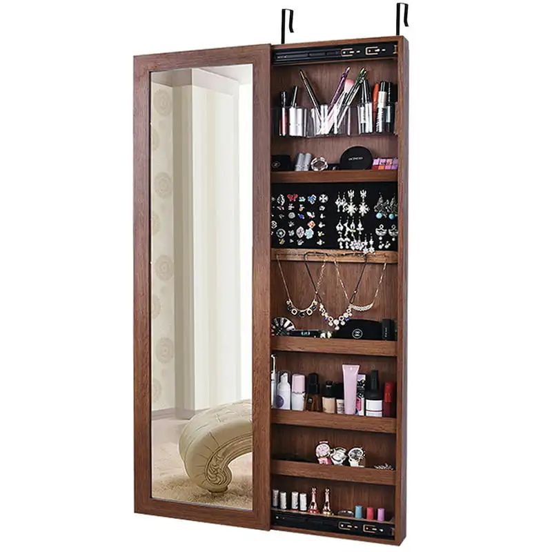 

Over-The-Door Mirror, Lockable Jewelry Cabinet Armoire, Brown by